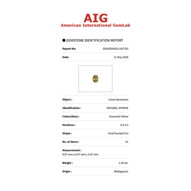 Esfeno certificado por AIG-1.29ct-8.07x6.07x3.87mm 4