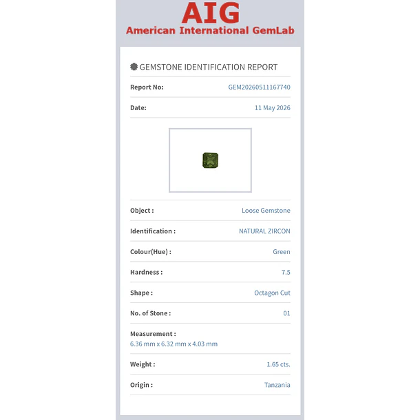 Circón natural AIG-1.65ct-6.36x6.32x4.03mm 5