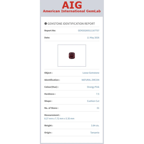 Circón natural AIG-3.84ct-8.27x7.72x5.35mm 5