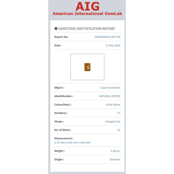 Circón natural AIG-3.58ct-8.75x6.66x4.85mm 4
