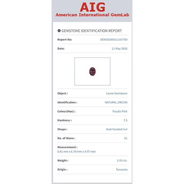 Circón natural AIG-2.93ct-8.81x6.70x4.97mm 4