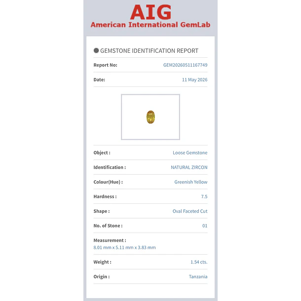 Circón natural AIG-1.54ct-8.01x5.11x3.83mm 4