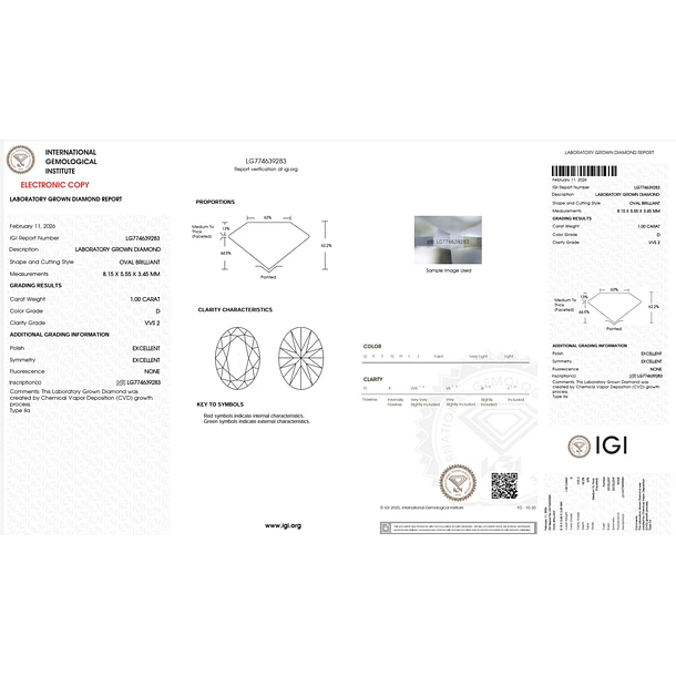 Diamante blanco de laboratorio IGI-1ct-8.15x5.55x3.45mm 4