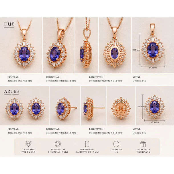 Juego de Joyería completa con Tanzanitas y Moissanitas. Anillo, dije y broqueles 2