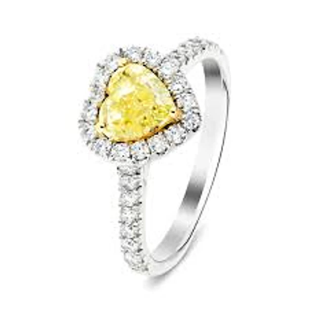 Anillo en oro blanco de 14k con diamante amarillo corazón GIA y diamantes naturales de 1.5mm 