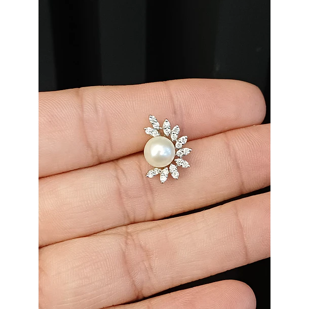  Replica de broquel de perla con diamante natural en oro blanco de 14k