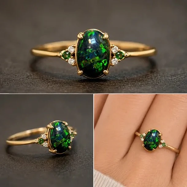 Anillo en oro amarillo 14k con Opalo y Moissanitas