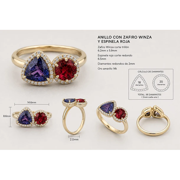Anillo en oro amarillo 14k talla 6.5 con Zafiro Winza y Espinela con halo brillante