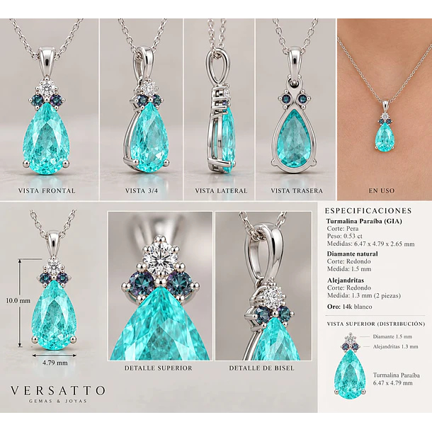 Dije sin cadena en oro blanco 14k con tuermalina paraiba corte pera, alejandritas y diamante natural 