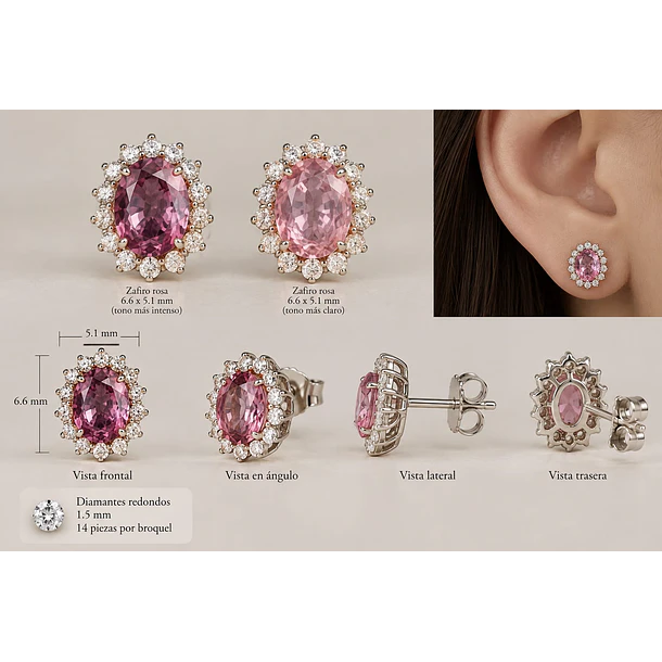 Par de broqueles con halo brillante con Zafiros rosas de Sri Lanka rodeada de diamantes naturales de 1.5mm