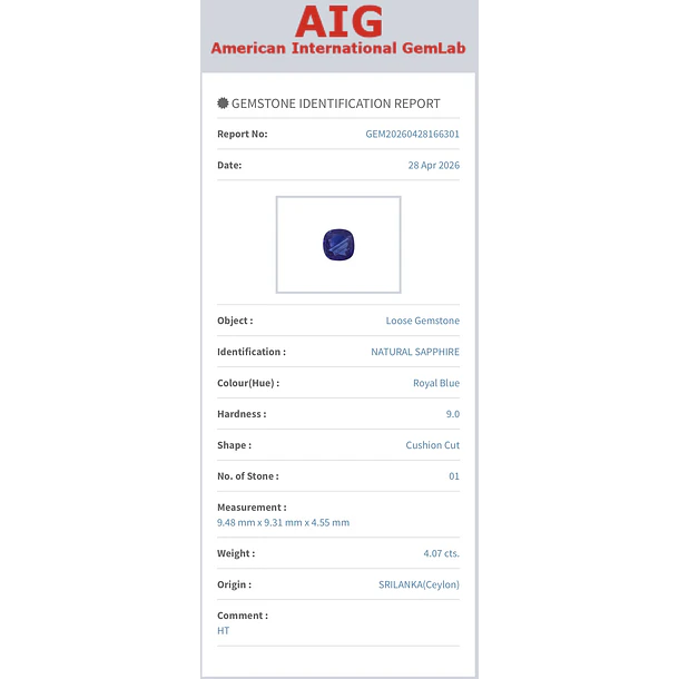 Zafiro azul GIA AIG-4.07ct-9.51x9.35x4.57mm 5