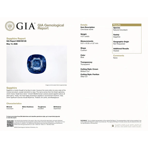 Zafiro azul GIA AIG-4.07ct-9.51x9.35x4.57mm 4
