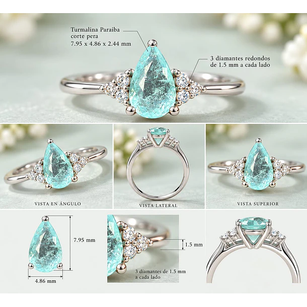 Anillo en plata 925 con Turmalina paraiba y diamantes redodondos talla 5.5