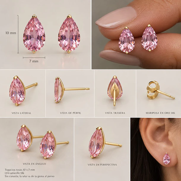 Aretes de 14k oro amarillo con topacios pera rosa de 10x7mm