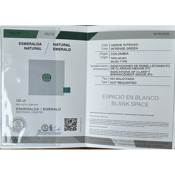 Esmeralda colombiana CDTEC-1.10ct-6.81x6.74x3.89mm 3
