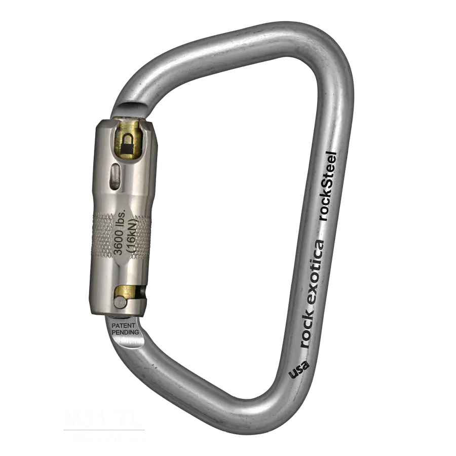 Mosquetón Acero Tipo D 3 Tiempos 50kN RockSteel Auto-Lock (M31-TL) NFPA-ANSI – Rock Exotica