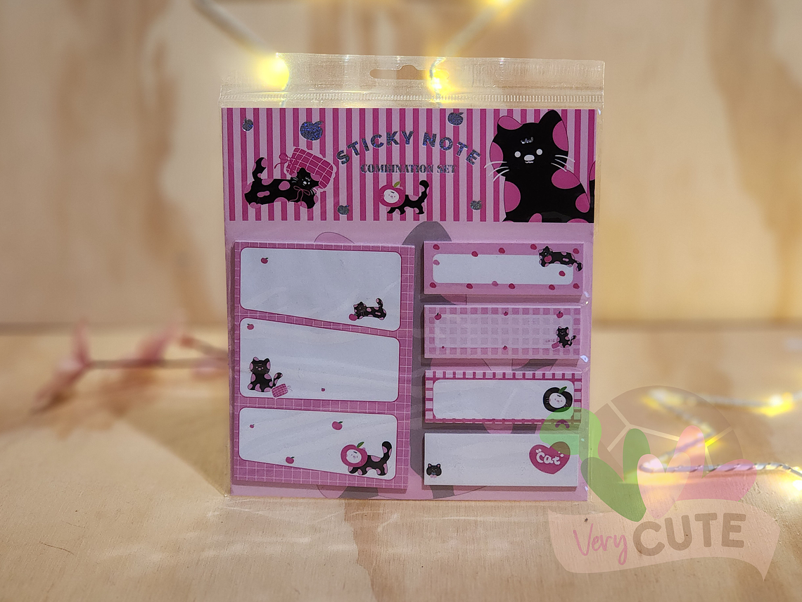 Set Sticky Notes - Gatito Negro en Rosa 1