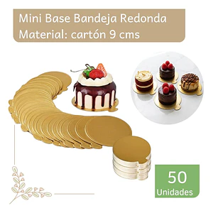 Pack Mini Bases Bandejas Redonda Dorada para Postres, Tortas 9 cm (50 unidades)