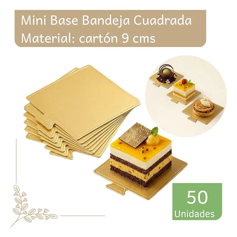 Pack Mini Bases Bandejas Cuadrada Dorada para Postres, Tortas 9 cm (50 unidades) 1
