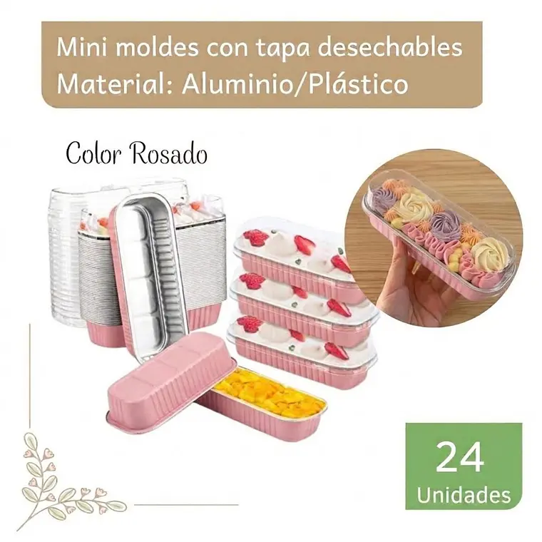 Mini Molde Rectangular de Aluminio Rosado con Tapa (24 unidades) 1