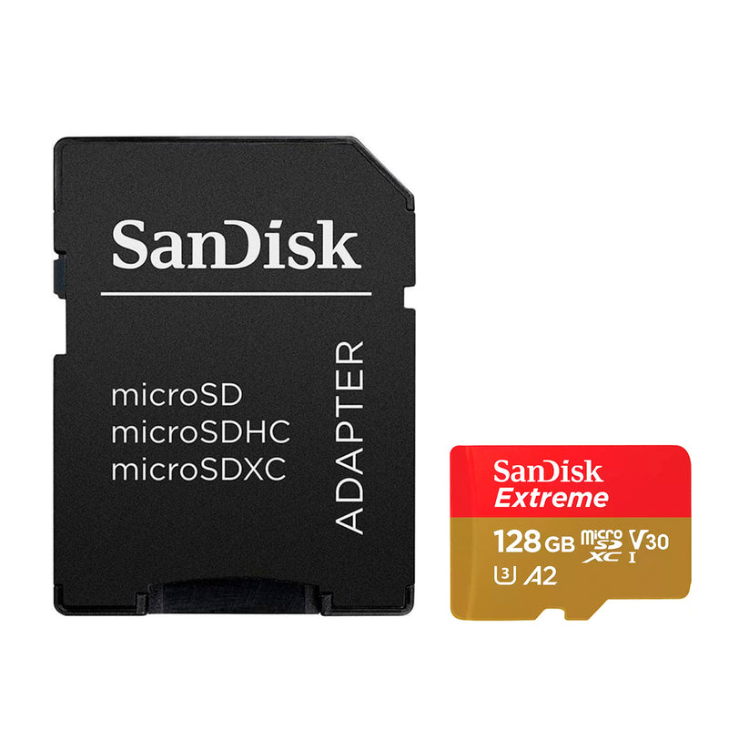 Tarjeta de Memoria MicroSDXC 128GB SanDisk Extreme UHS-I A2 V30 U3 4K 190MB/s + Adaptador 2