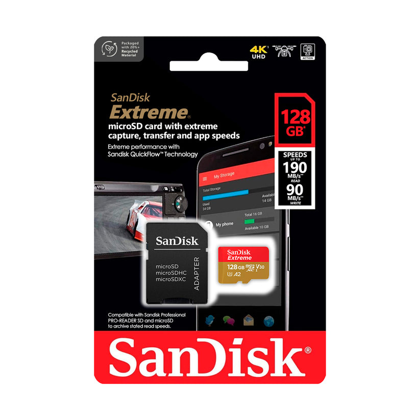 Tarjeta de Memoria MicroSDXC 128GB SanDisk Extreme UHS-I A2 V30 U3 4K 190MB/s + Adaptador 1