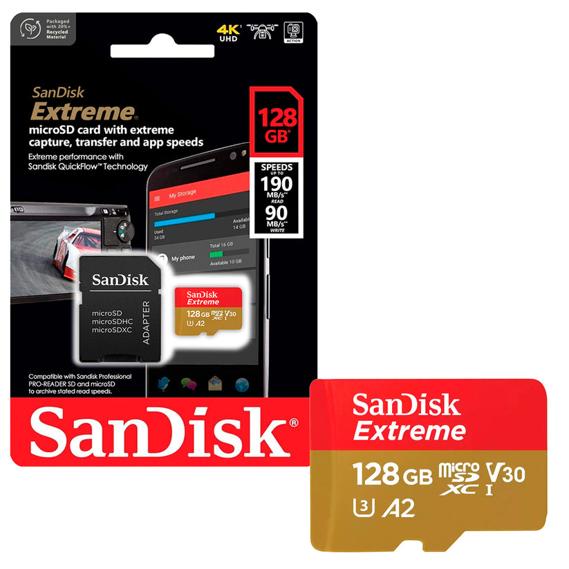 Tarjeta de Memoria MicroSDXC 128GB SanDisk Extreme UHS-I A2 V30 U3 4K 190MB/s + Adaptador 4