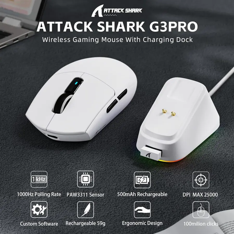 Attack Shark G3 Pro RGB Tri-Mode Wireless Gaming Mouse - White + Base 3