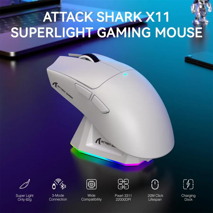  Attack Shark mouse X11 con base de carga white + base 5