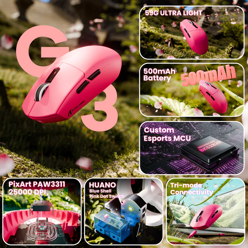 Attack Shark G3 Pro RGB Tri-Mode Wireless Gaming Mouse - Berry Red + base 7