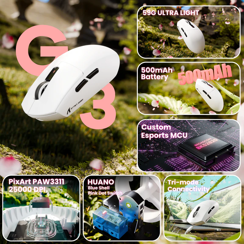 Attack Shark G3 Pro RGB Tri-Mode Wireless Gaming Mouse - White + Base 4