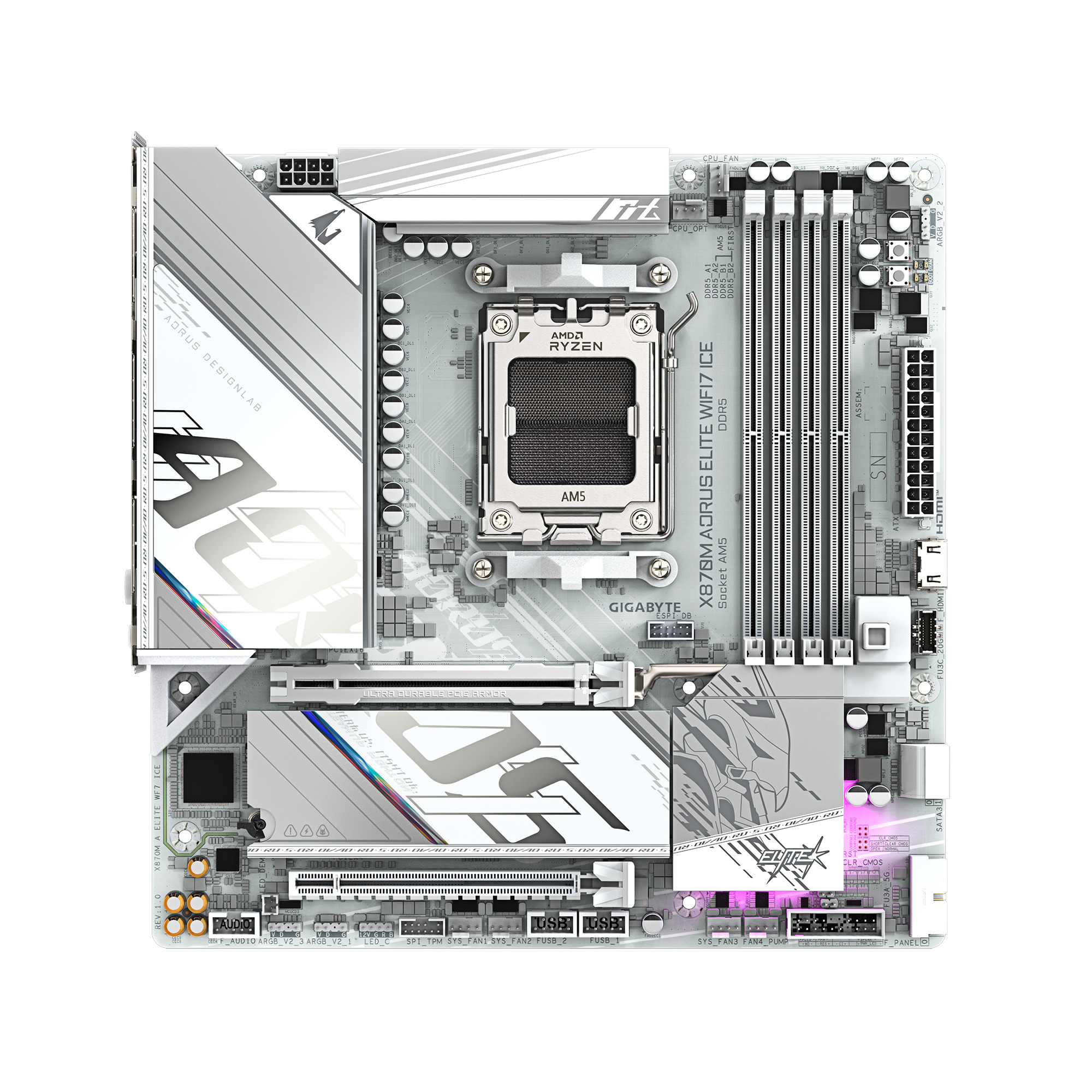 Placa Madre GIGABYTE X870M AORUS ELITE WIFI7 ICE, 4x DDR5, 2x m.2, 2.5GbE, USB4, PCIe 5.0 x16 3