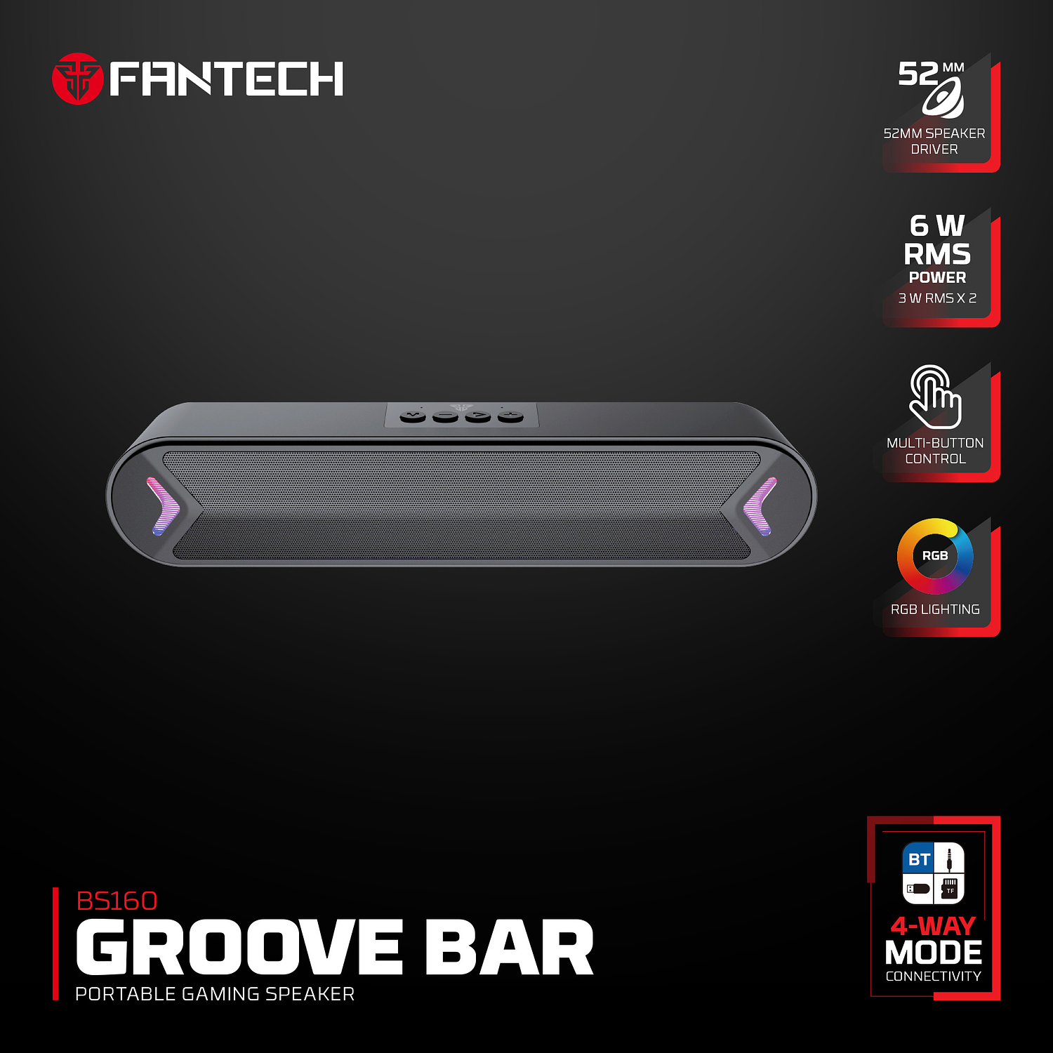Fantech parlante BS160 GROOVE BAR Black Gaming Soundbar RGB 1