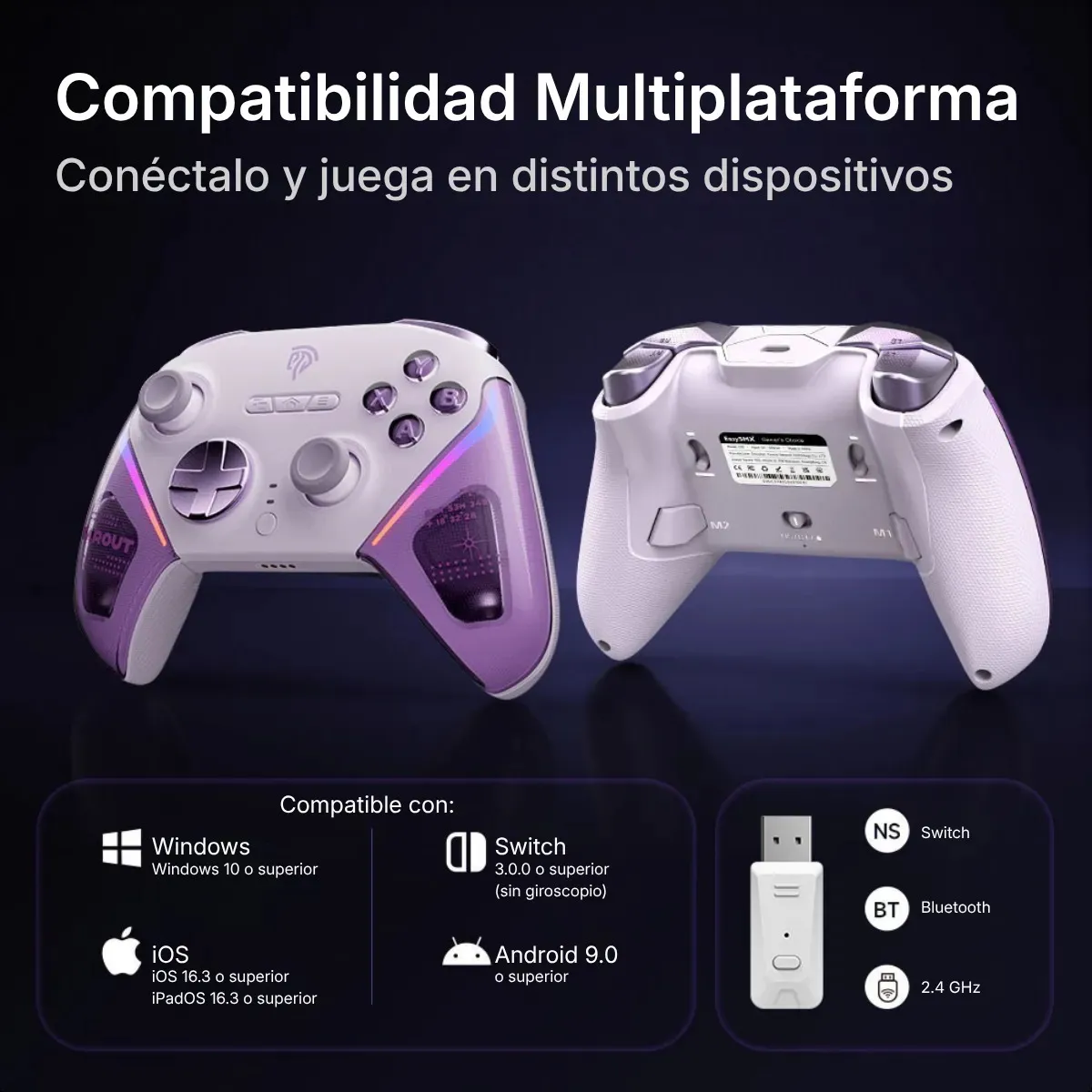 Control EasySMX D10 Multiplataforma morado | Joysticks TMR, Gatillos con Bloqueo y Base de Carga 11