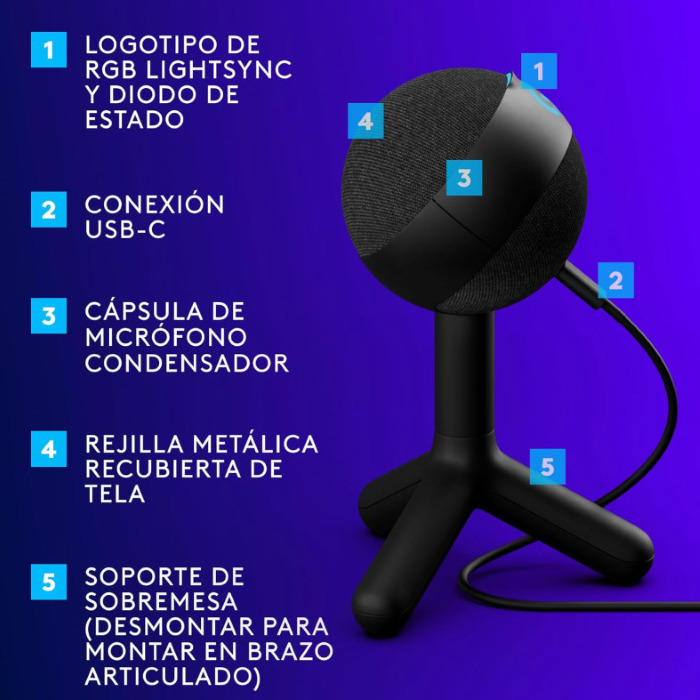 Micrófono Gamer Logitech YETI ORB Alámbrico  USB-C a USB-A 3