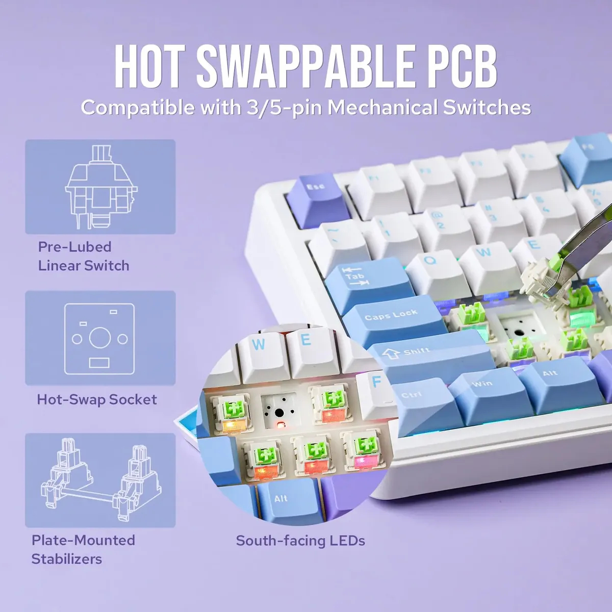 Teclado Mecánico F75 MAX White Blue Purple RGB Wireless – Switch Reaper / ingles  5