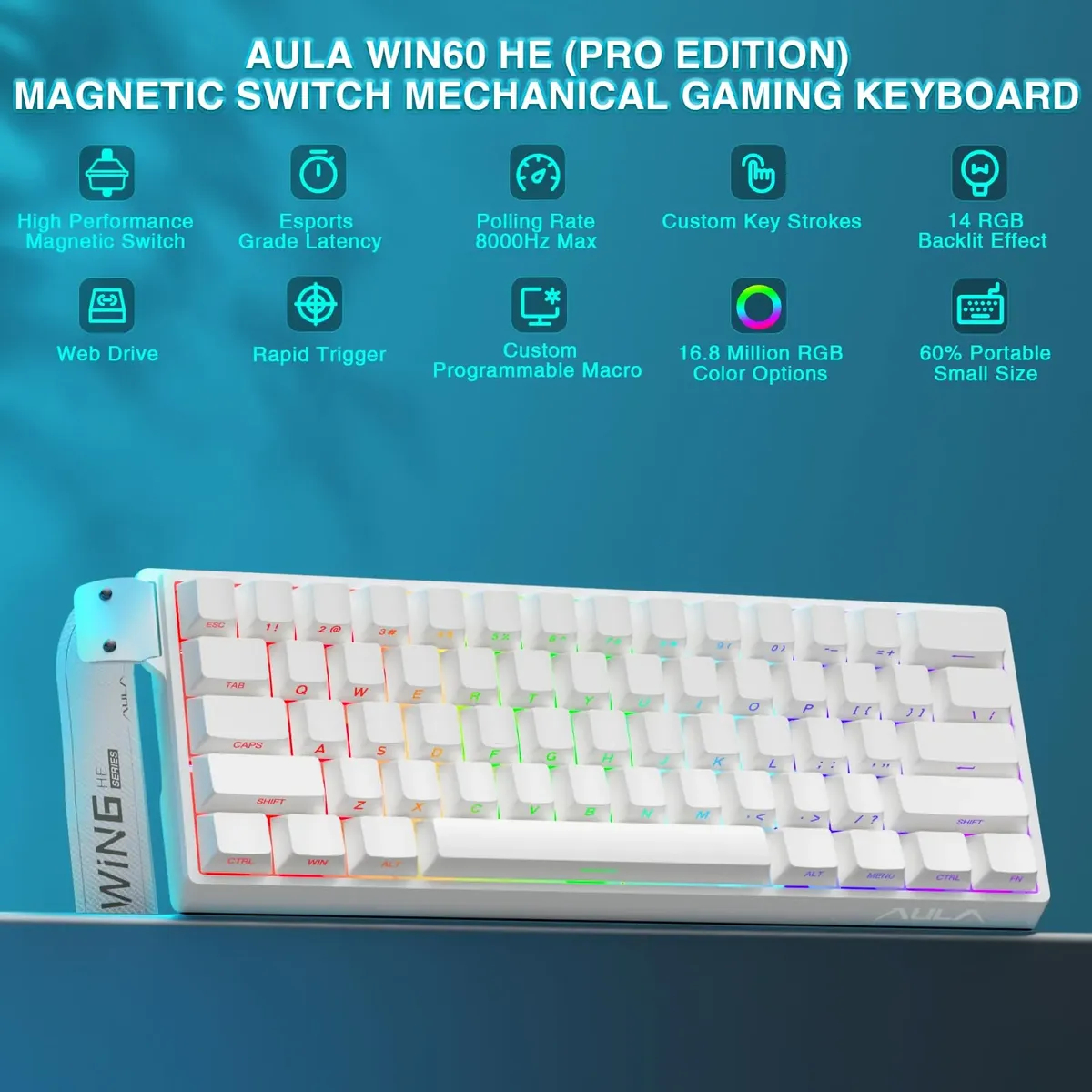 Teclado Aula Win60 He SW magnetic 60% Gamer Rgb cableado color blanco 2