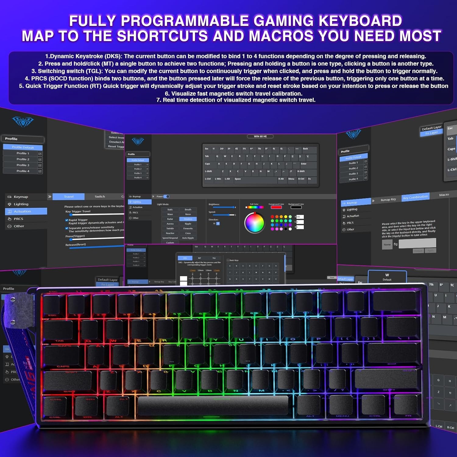 Teclado Aula Win60 He SW magnetic 60% Gamer Rgb cableado color negro 2