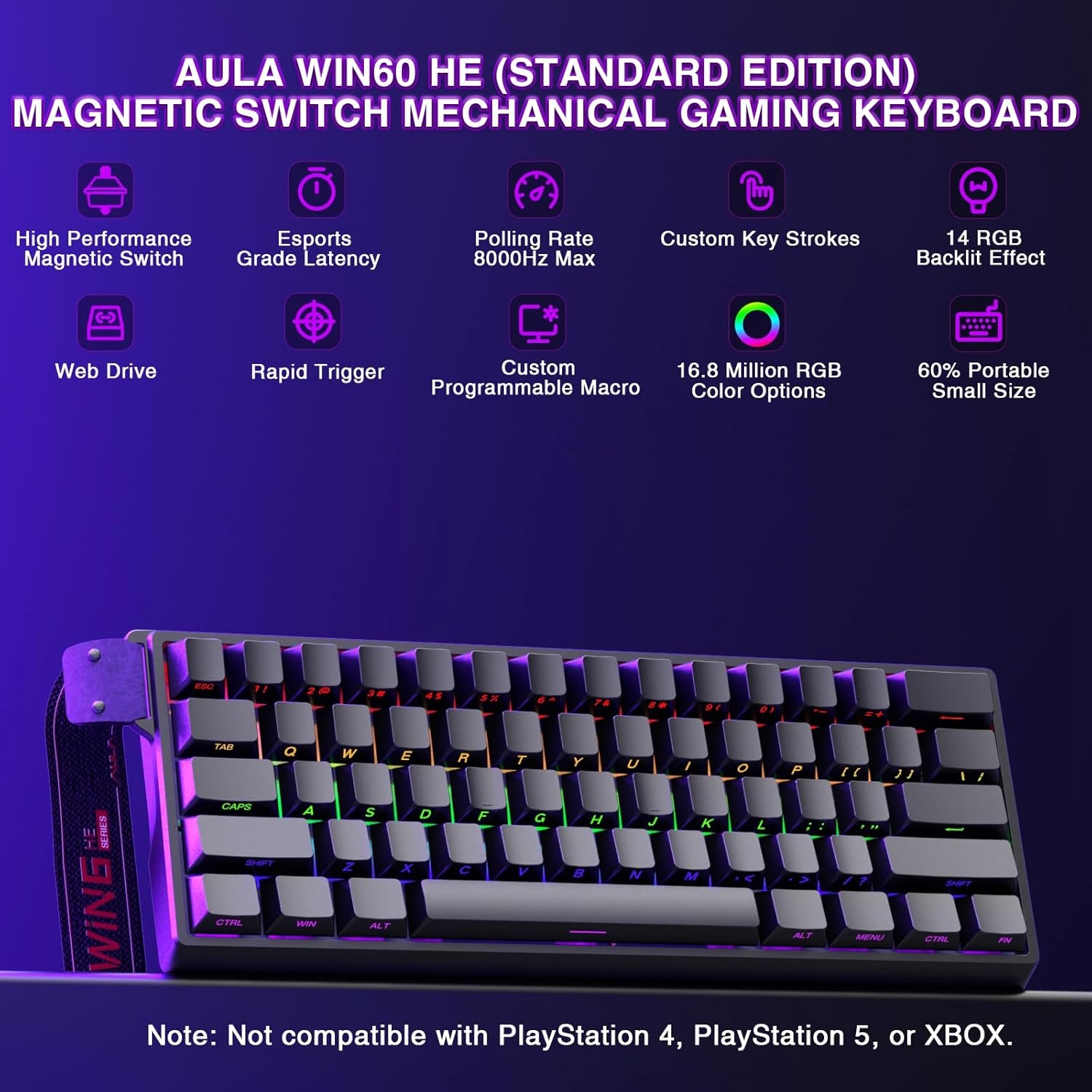 Teclado Aula Win60 He SW magnetic 60% Gamer Rgb cableado color negro 6