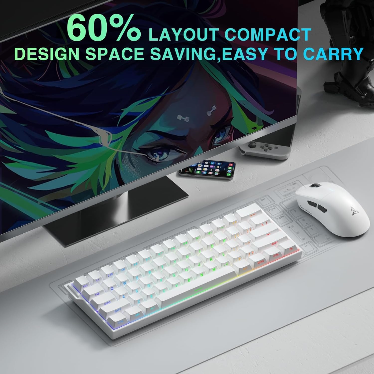 Teclado Mecánico AULA MINI60 HE Pro sw magnetic RGB Wireless blanco / ingles  4