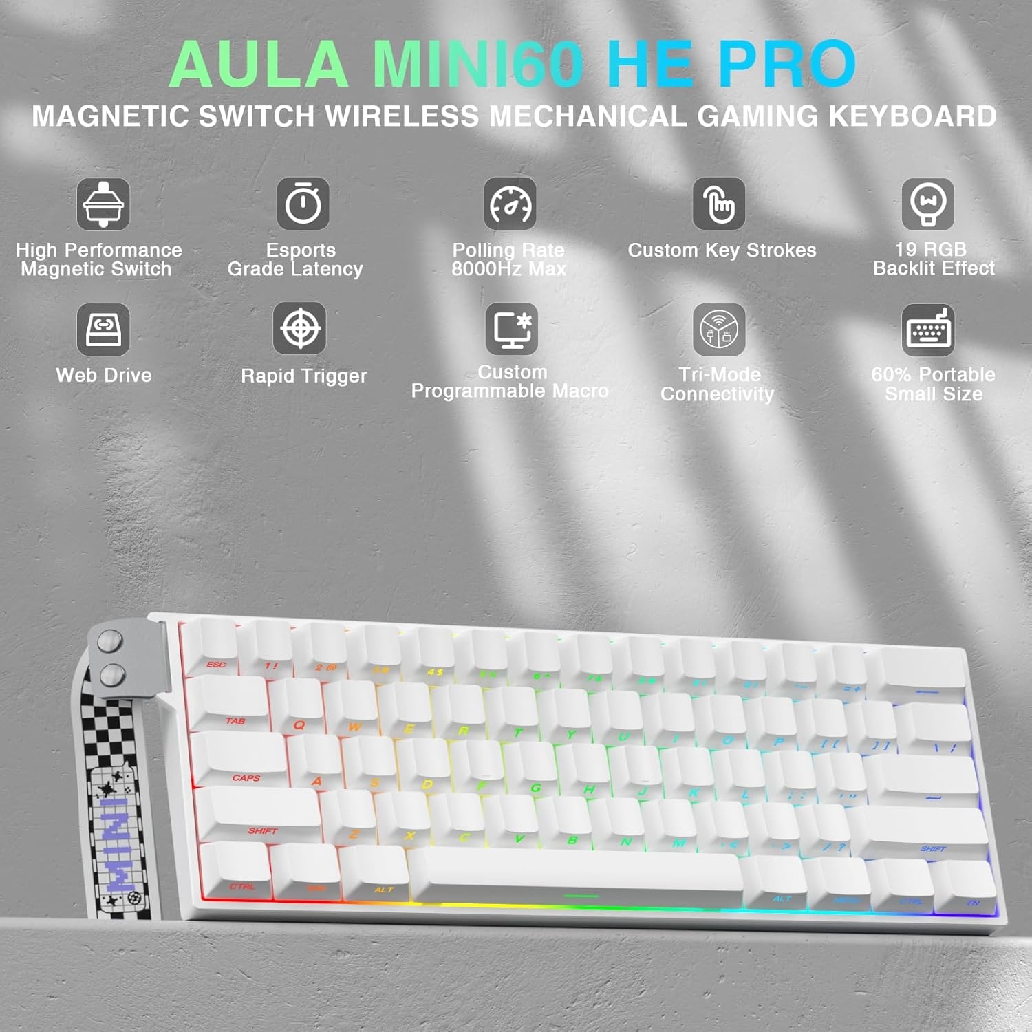 Teclado Mecánico AULA MINI60 HE Pro sw magnetic RGB Wireless blanco / ingles  6