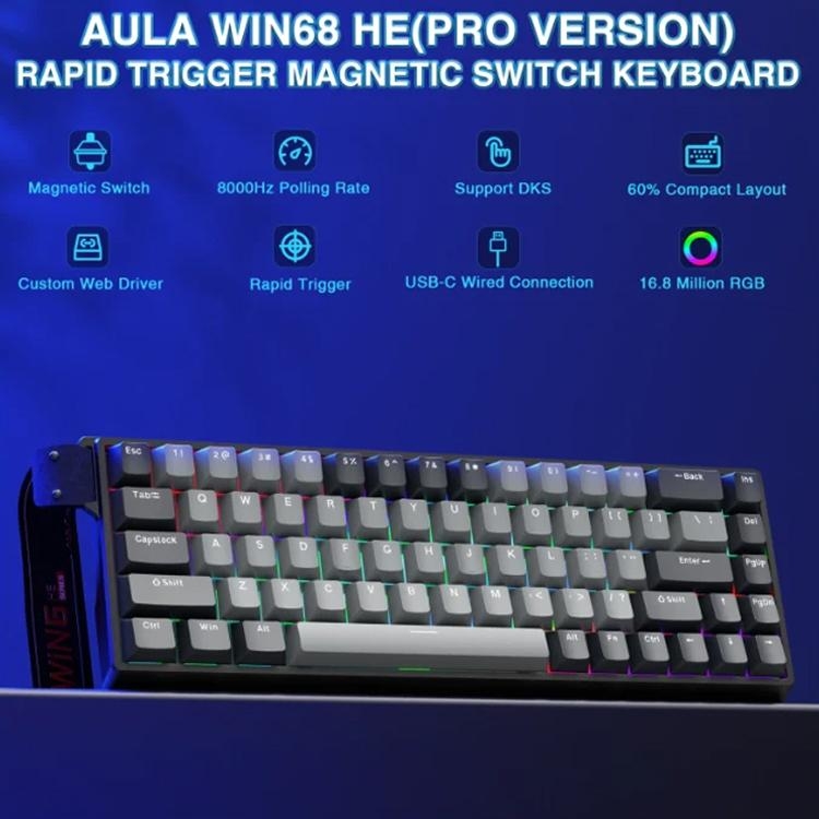 Teclado Gamer AULA WIN68HE Pro White Black Magnético 8000Hz / ingles 6