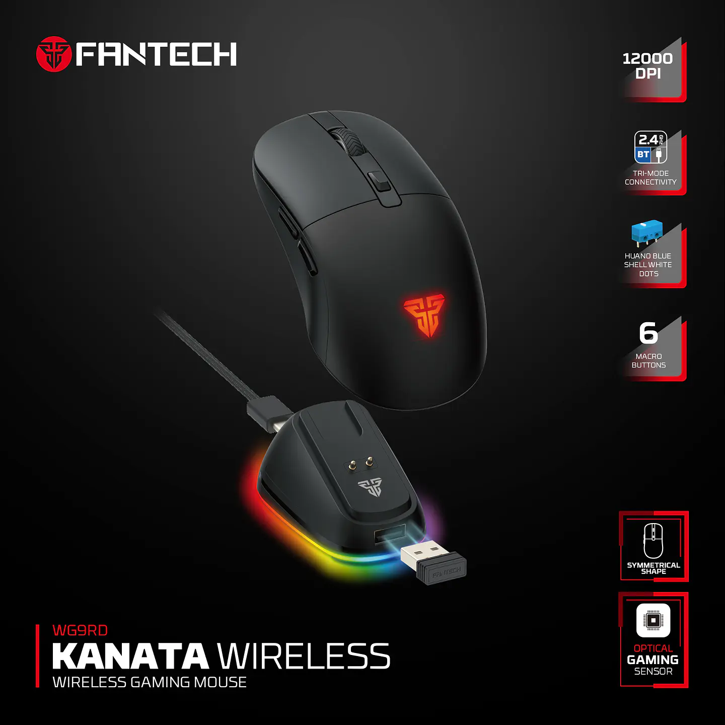 Mouse Gamer Inalámbrico Fantech KANATA WG9RD Negro 12.000 DPI Tri-Mode Bluetooth 5.4, 1.000 Hz y Smart RGB Dock 6