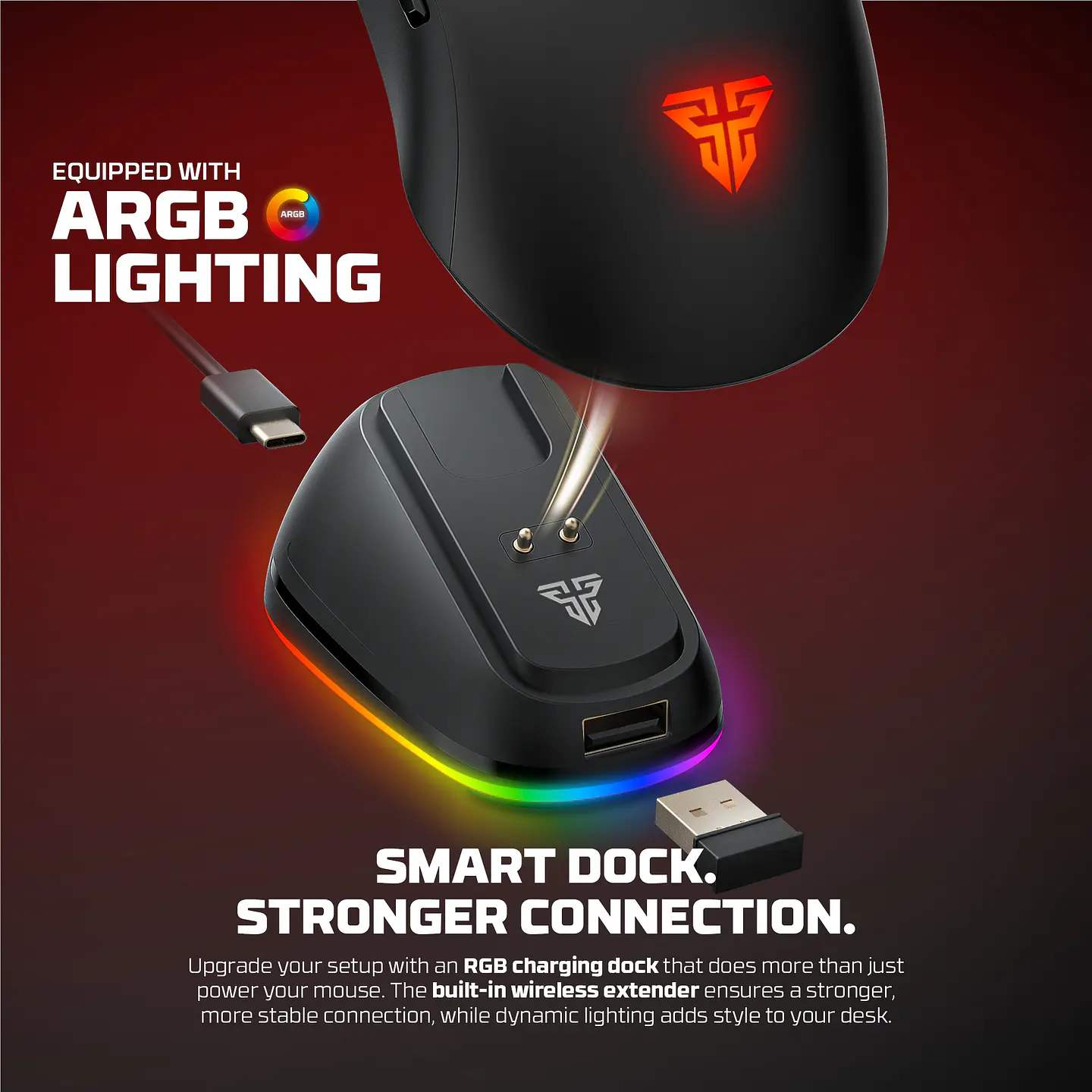 Mouse Gamer Inalámbrico Fantech KANATA WG9RD Negro 12.000 DPI Tri-Mode Bluetooth 5.4, 1.000 Hz y Smart RGB Dock 7