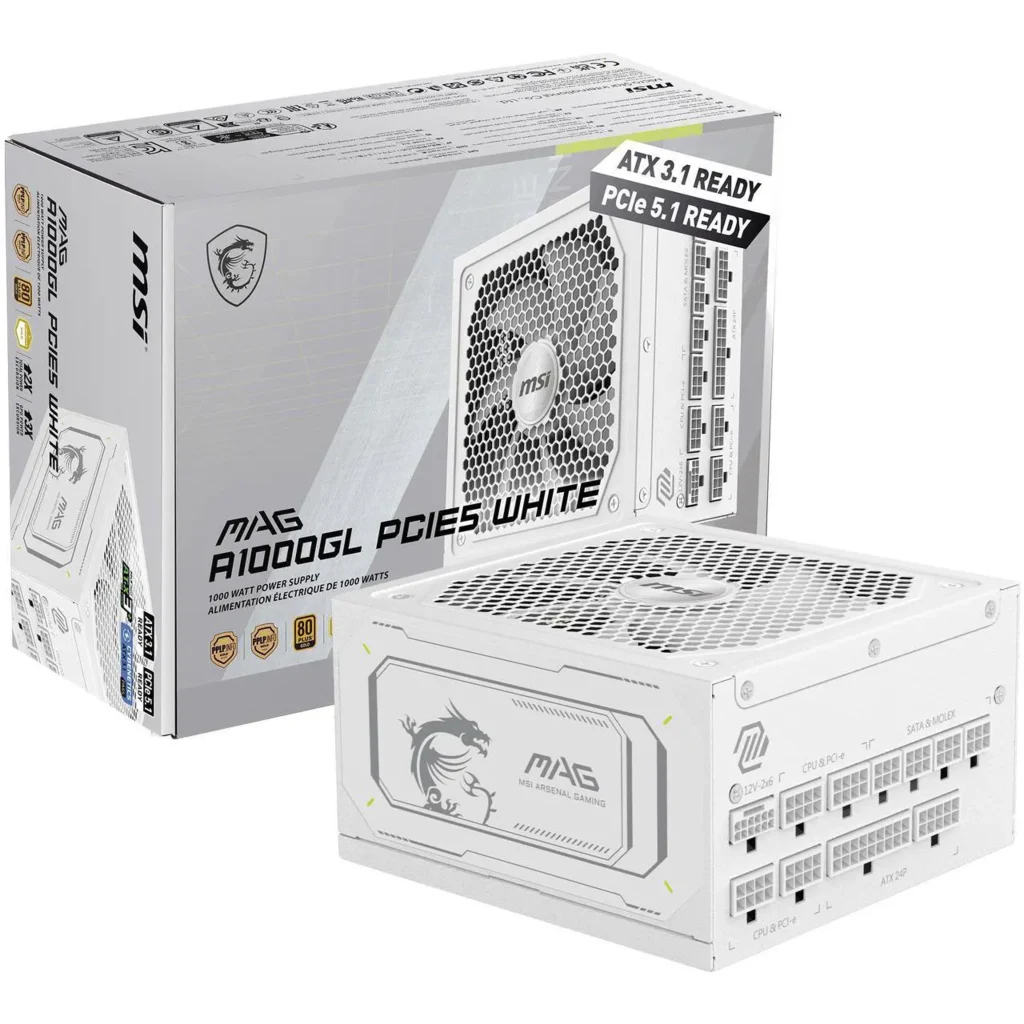 Fuente de Poder MSI MAG A1000GL PCIE5 White 1000W 80 Plus Gold Full Modular ATX 3.1 PCIe 5.1 1