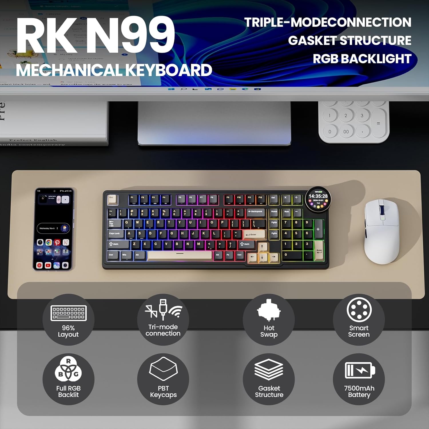 Teclado mecánico inalámbrico con pantalla royal kludge RK  N99 Phantom sw beige Español 5