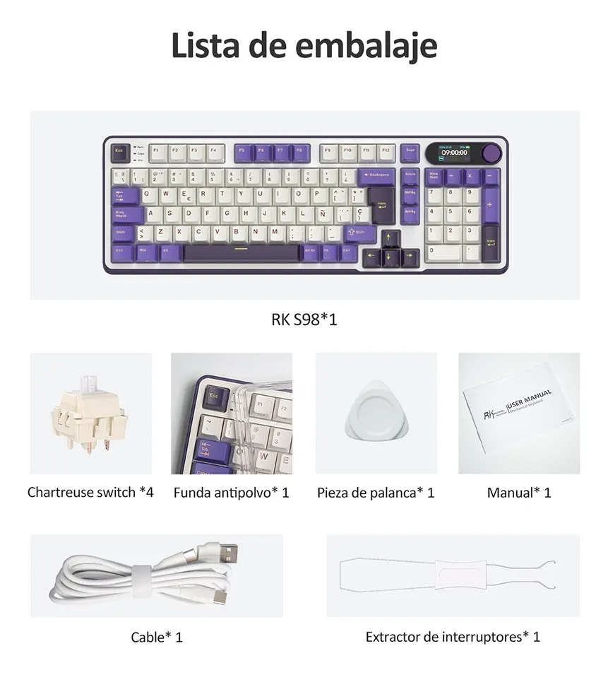 Teclado Mecánico Inalámbrico S98 96% QWERTY Español  | Tri-Mode, Hot-Swap, Pantalla LCD, RGB y Batería 3750 mAh Sw Beige 11