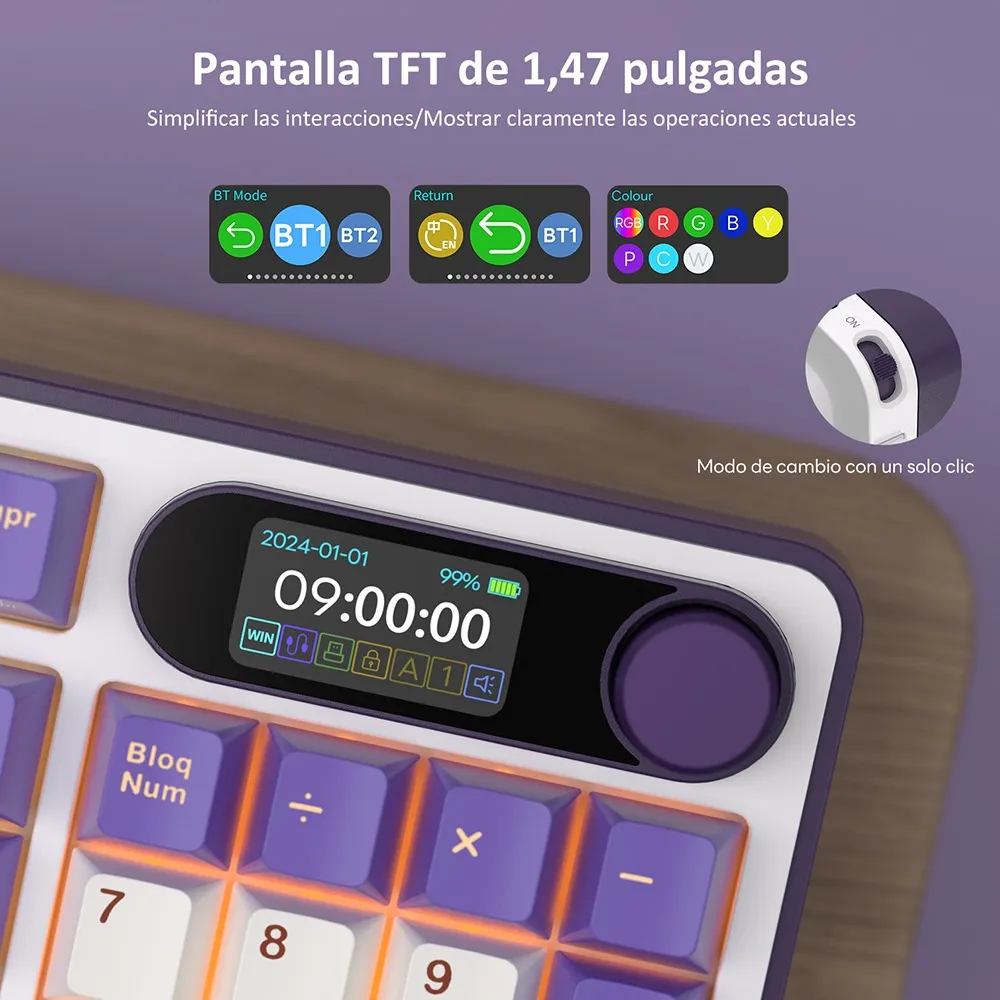 Teclado Mecánico Inalámbrico S98 96% QWERTY Español cloud Light  Tri-Mode Pantalla LCD, RGB y Batería 3750 mAh Sw beige 7