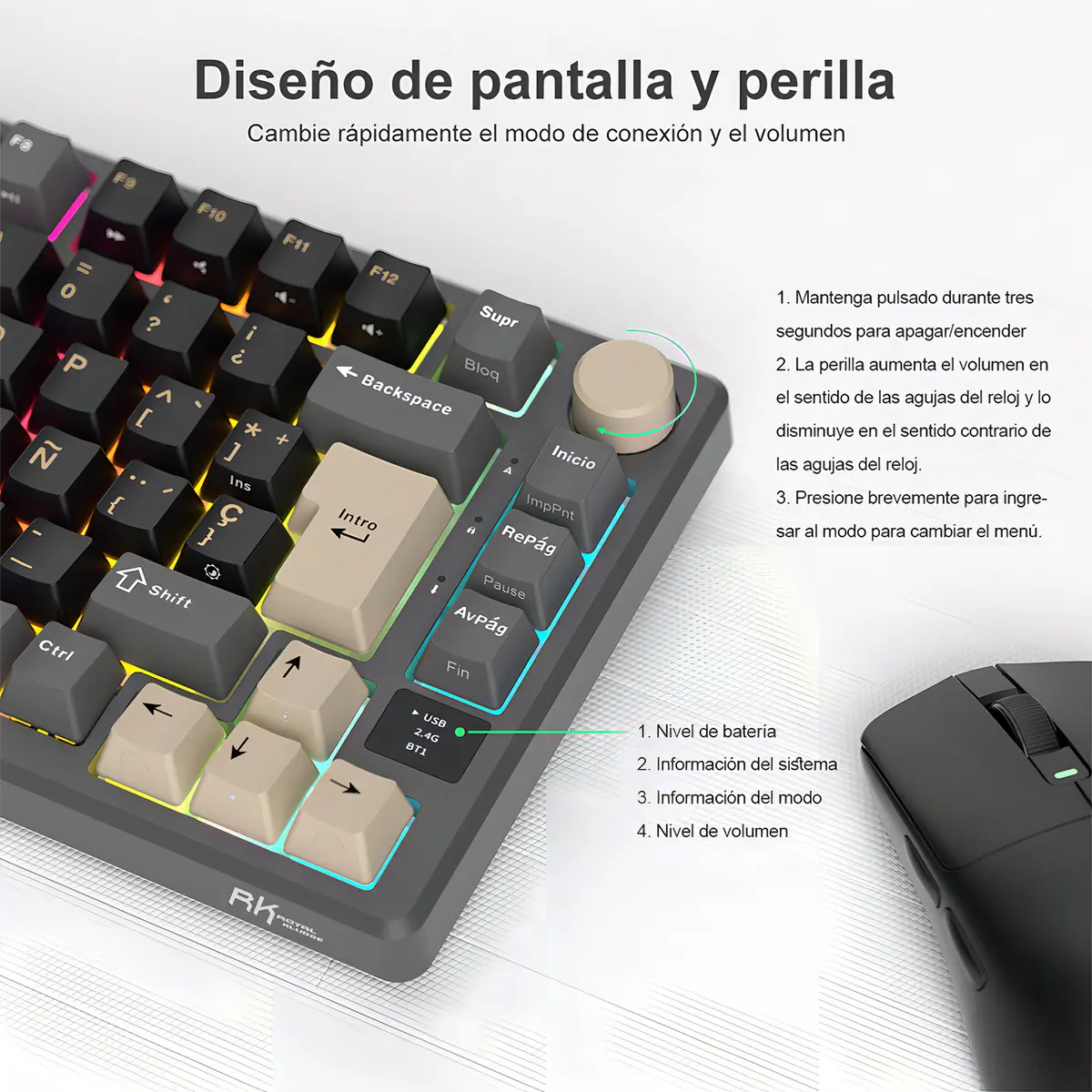 Teclado Mecánico Inalámbrico Royal Kludge M75 Phantom con pantalla – Cream Switch Español 4
