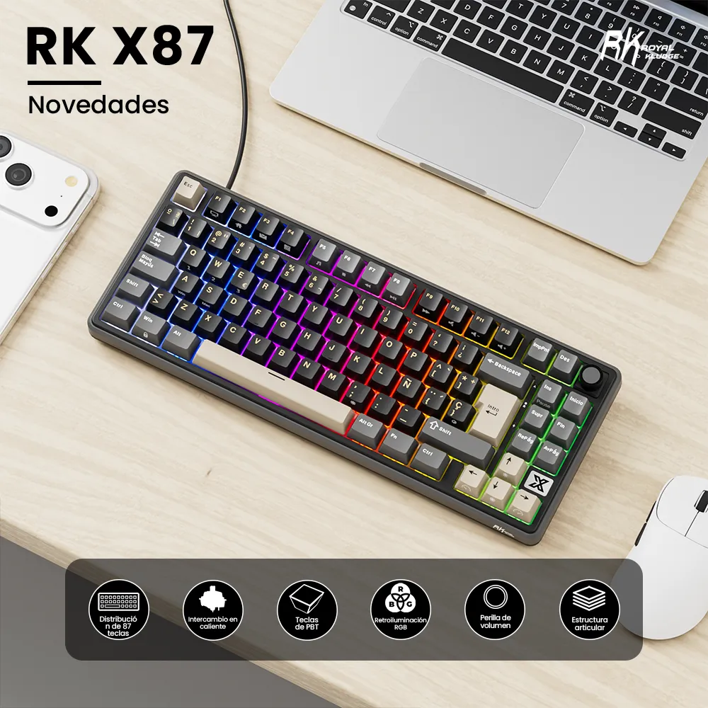 Teclado Mecánico RK Royal Kludge RK X87 Phantom Tri-Mode sw cream 87% Español 3